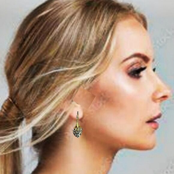 #925Sterling Gold Plated Crystal Accents + Faux Pearl Ear Dangle Drop Earrings - Picture 7 of 8